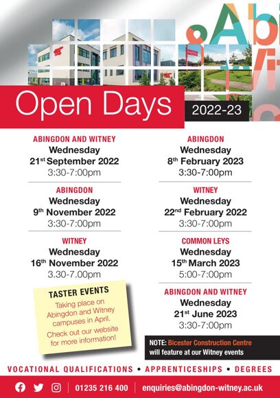 Abingdon and Witney College open days 2022 23