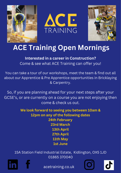 Ace Training Open Mornings  Feb to June